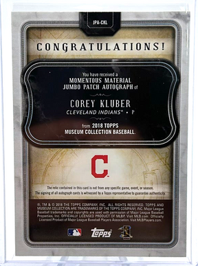 2018 Topps Museum Collection Baseball - Corey Kluber JPA-CKL - Momentous Material Jumbo Patch Autograph /5