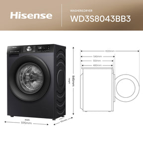 Hisense 3S Series WD3S8043BB3 Wifi Connected 8Kg and 5Kg Washer Dryer with 1400 rpm - Black - A-D Rated