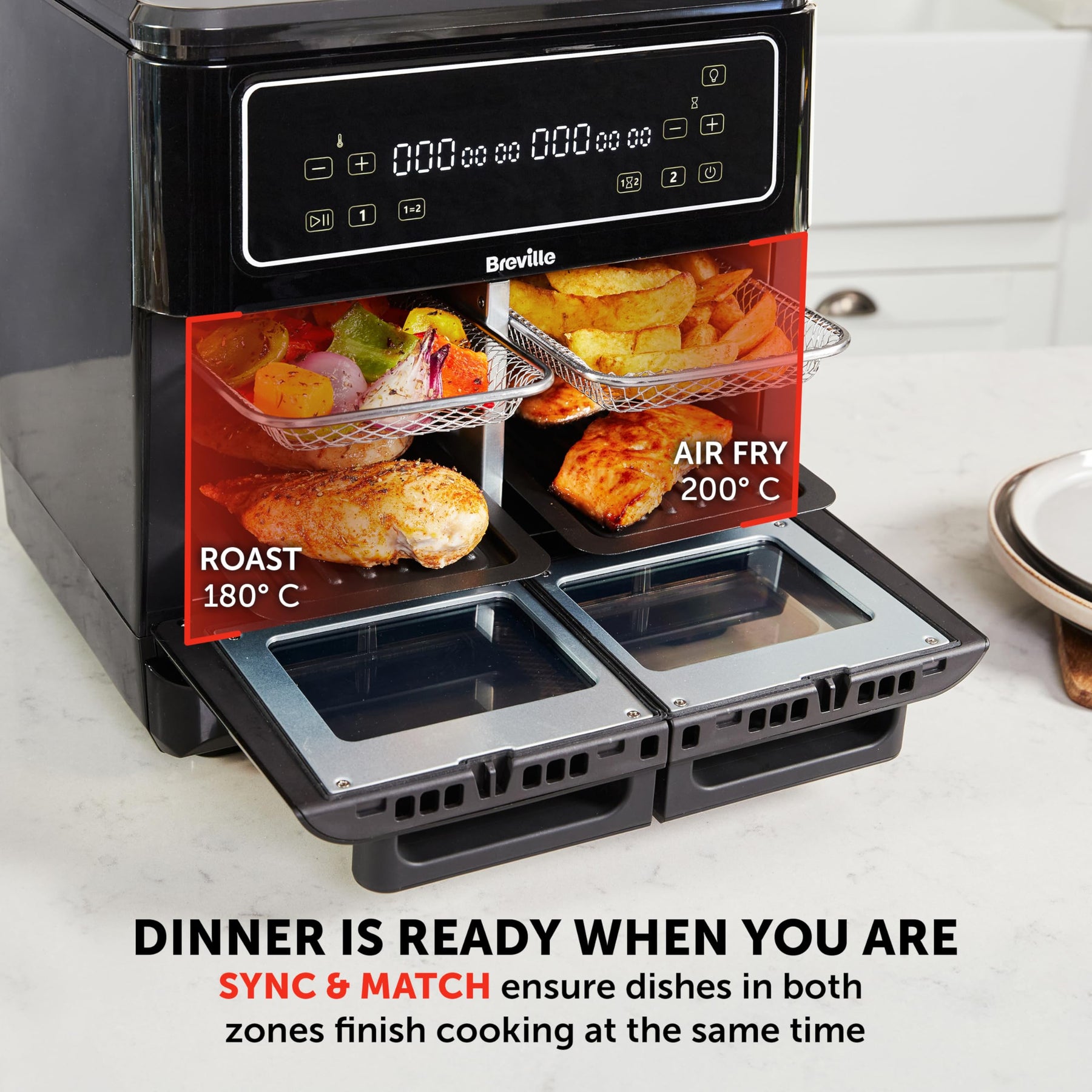 Breville Halo Flexi Air Fryer | Digital Dual Air Fryer Oven | 11L: Serves 10+ People | FryBakeGrillRoast & Reheat | 2400 W