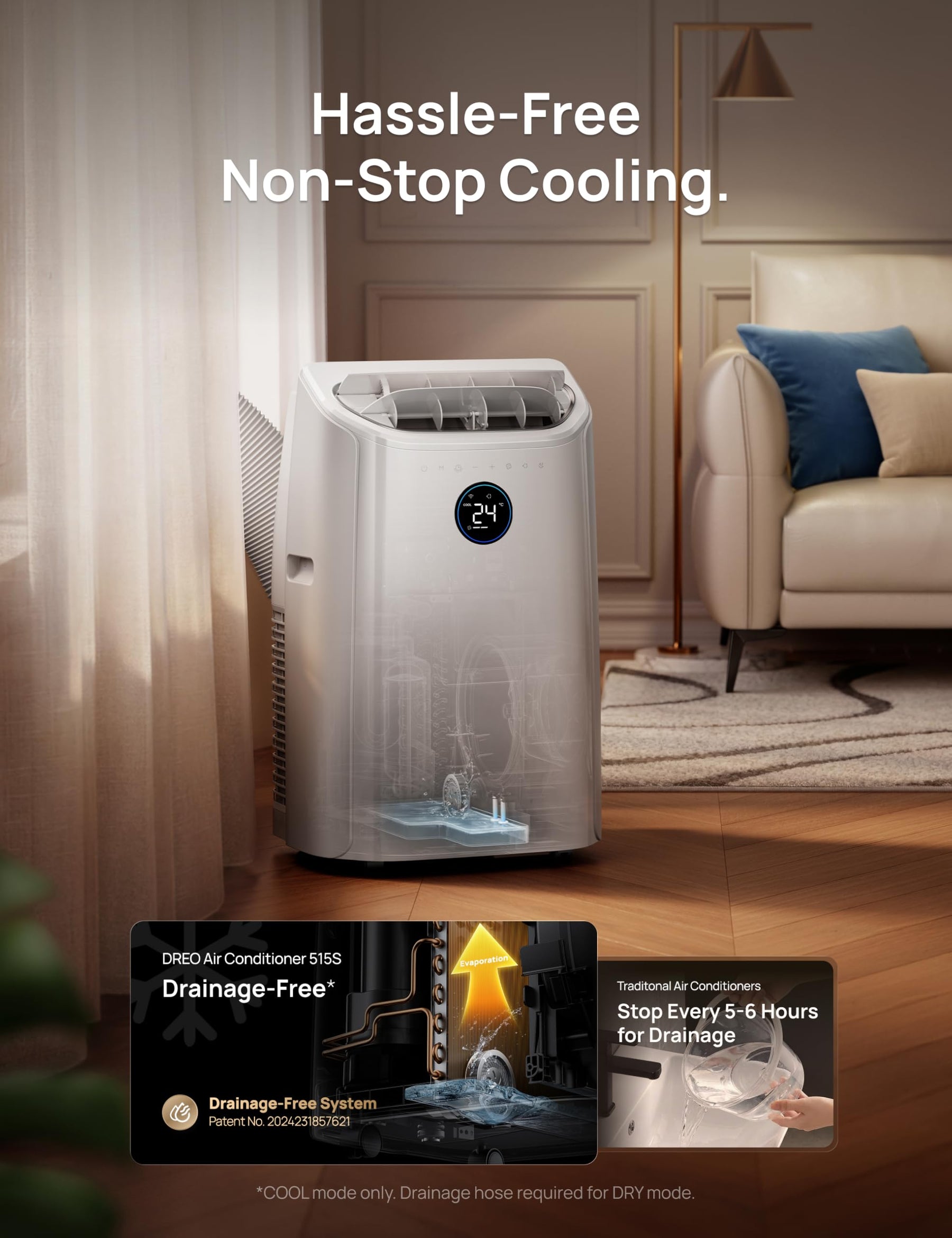 DREO 10000 BTU Portable Air Conditioner, 3-in-1 Cool/Fan/Dry Quiet AC Unit for Bedroom/Office, Smart App/Voice/Remote Control