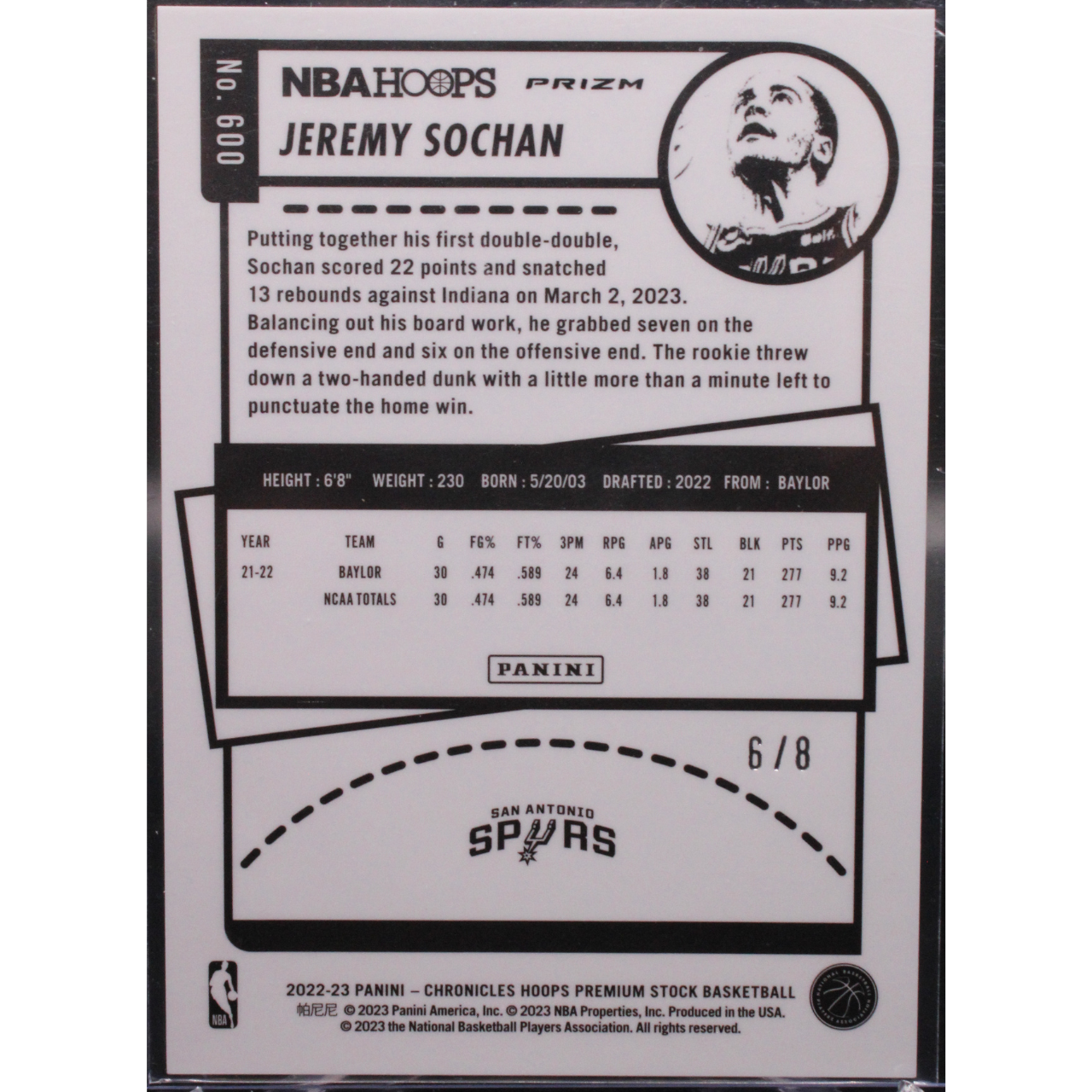 2022 Panini Chronicles - Jeremy Sochan 600 - Lucky Envelope /8
